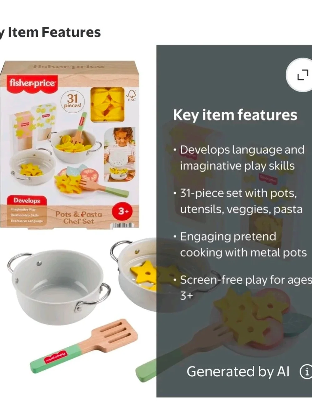 Fisher-Price Pots & Pasta Chef Set - 31 Pieces.  Never opened.